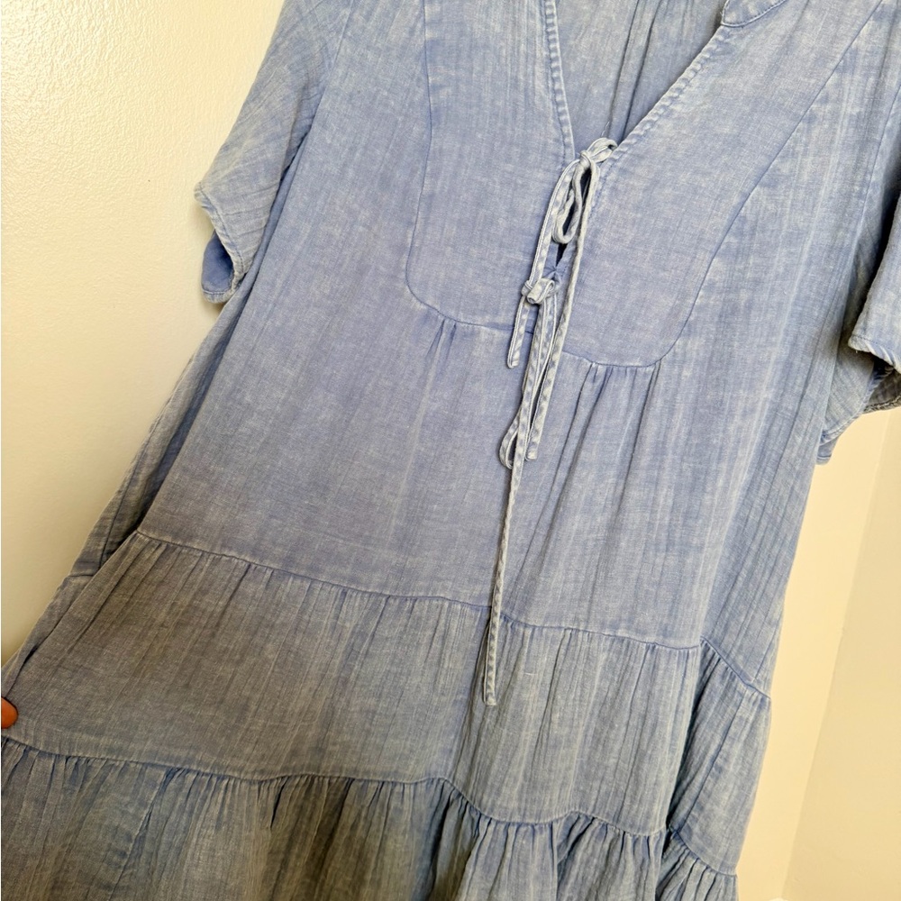 Women's Denim Blue Tunic Dress- front tie - Picture 4 of 5